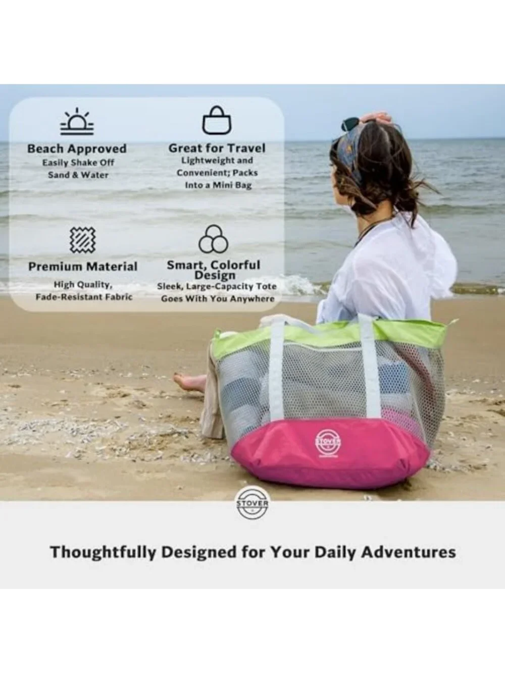 Large Mesh Beach Tote Bag - Foldable Travel Bag with Pockets for Vacation & Pool